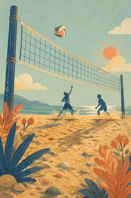 Golden Hour Beach Volleyball Net Scene