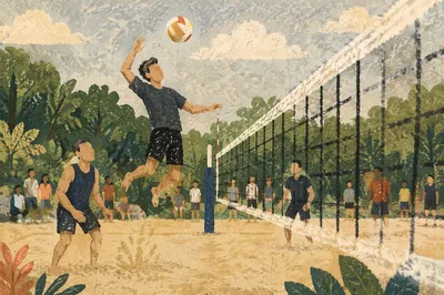 Summer Beach Volleyball Net Action Scene
