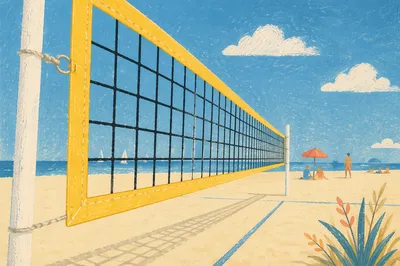 Sunny Beach Volleyball Net Perspective
