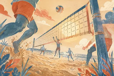 Sunlit Beach Volleyball Net at Sunset
