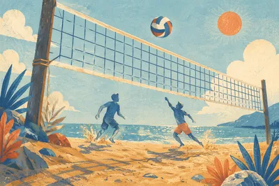 Golden Hour Beach Volleyball Action Scene