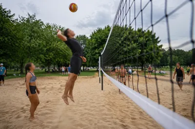 Beach Volleyball Net Action in Summer