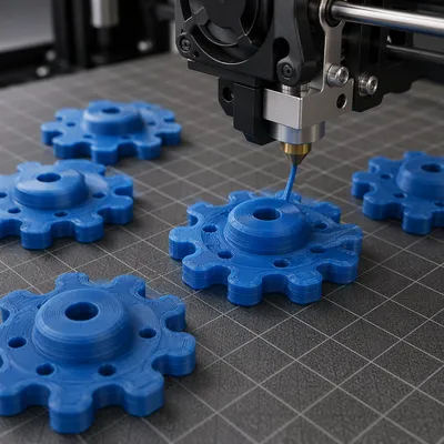 Blue 3D Printed Gears on Build Plate