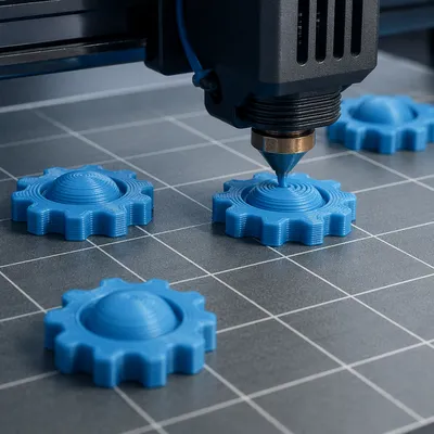 Blue Filament 3D Printer Creating Gears
