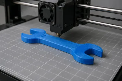Blue 3D Printer Fabricating Wrench Prototype
