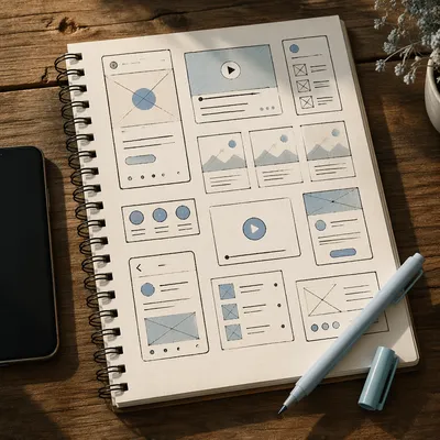 Mobile App Wireframe Sketches on Rustic Desk