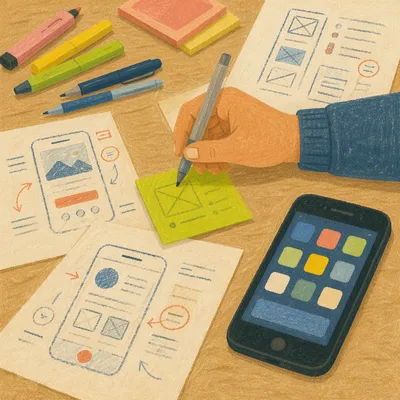 Mobile App Wireframe Planning on Oak Desk