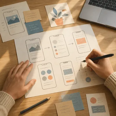 App Wireframe Planning on Oak Desk