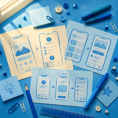 App Wireframe Sketches on Blue Desk