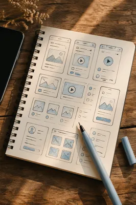 Mobile App Wireframe Sketches on Rustic Desk