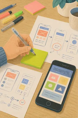 App Wireframe Sketches on Creative Desk