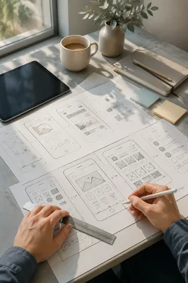 App Design Wireframe Sketches on Desk