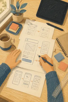 App Wireframe Sketches on Creative Desk