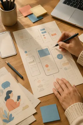 App Wireframe Planning on Oak Desk