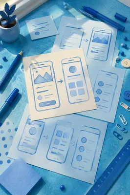 App Wireframe Sketches on Blue Desk