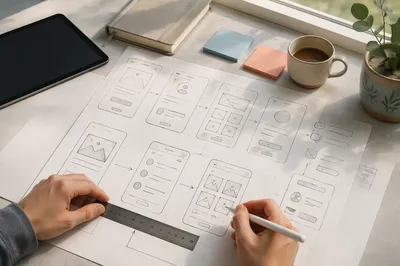 App Design Wireframe Sketches on Desk