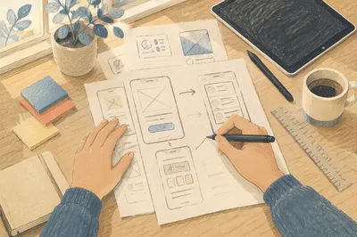 App Wireframe Sketches on Creative Desk