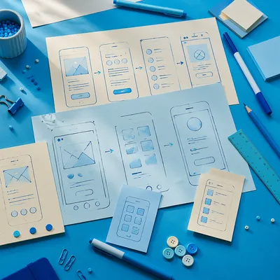 App Design Wireframe Sketches on Blue Desk