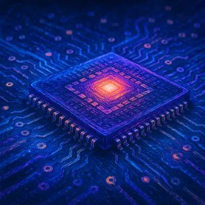 Glowing AI Microprocessor on Dark Circuit Board