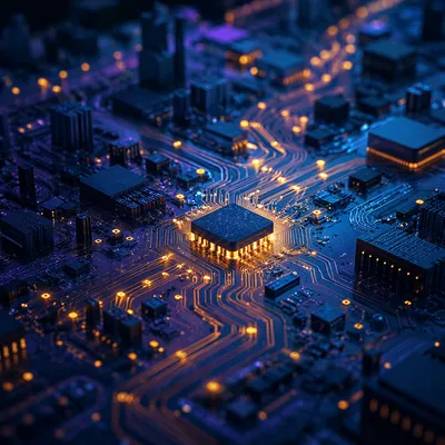 Glowing AI Circuit Board Abstract Landscape