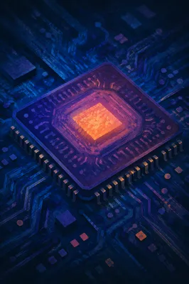 Glowing AI Microprocessor on Dark Circuit Board