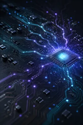 Glowing AI Circuit Board Macro Background