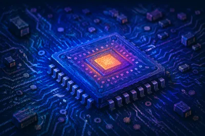 Glowing AI Microprocessor on Dark Circuit Board