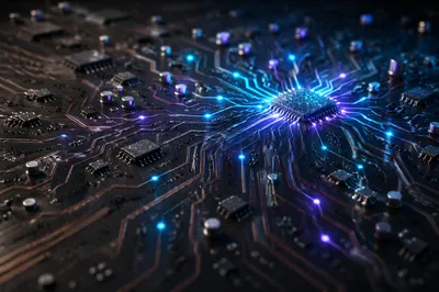 Glowing AI Circuit Board Macro Background