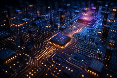 Glowing AI Circuit Board Abstract Landscape