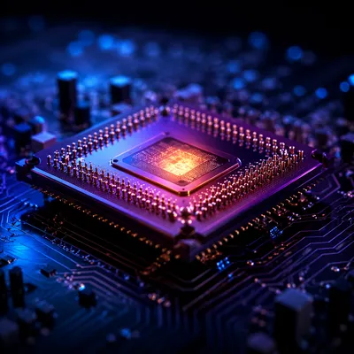 Glowing AI Microprocessor on Dark Circuit Board