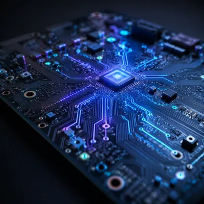Glowing AI Circuit Board Macro Background