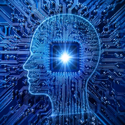Glowing AI Circuit Board Human Silhouette