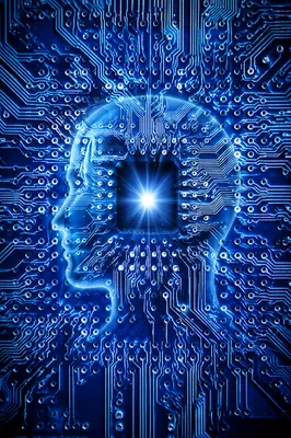 Glowing AI Head in Blue Circuitry