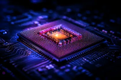 Glowing AI Microprocessor on Dark Circuit Board