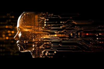 AI Circuit Silhouette with Golden Data Glow