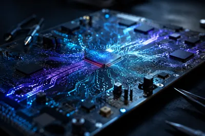 Glowing AI Circuit Board Macro Background