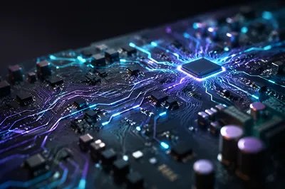 Glowing AI Circuit Board Macro Background