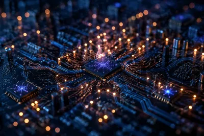 Glowing AI Circuit Board Macro Landscape