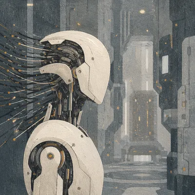 Futuristic AI Robot in Research Corridor