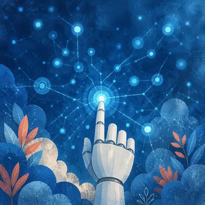 Robotic Hand Touching Futuristic Digital Network