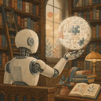 Humanoid Robot Balancing Puzzle Globe in Library
