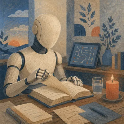 Humanoid Robot Reading at Dawn Desk