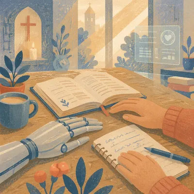 Robot and Human Hands Beside Open Book