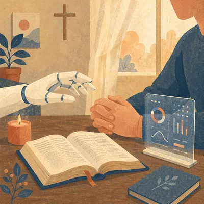 Robot Hand Reflecting Beside Open Bible