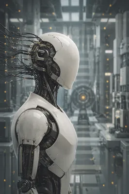 Futuristic AI Robot in Research Corridor
