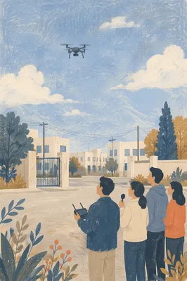 Autonomous Drone Over Modern Campus Entrance