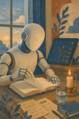Humanoid Robot Reading at Dawn Desk