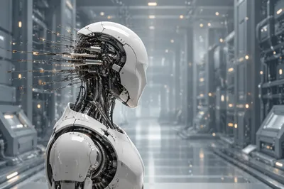 Humanoid AI Robot in Futuristic Research Corridor