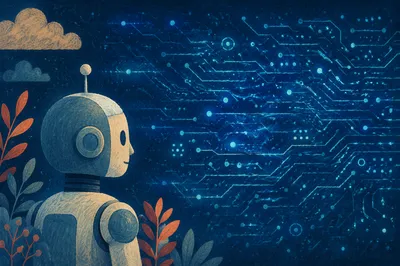 Translucent AI Robot Facing Digital Circuit Future