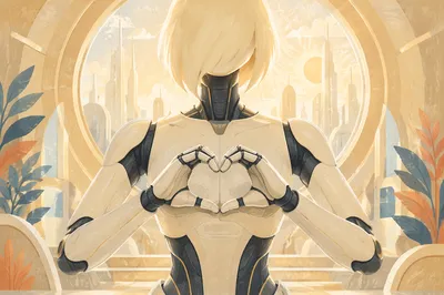 Humanoid AI Robot Forming Heart in Futuristic Atrium